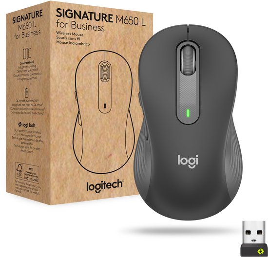 Zwarte Logitech M650 muis met een draadloze Logi Bolt USB-ontvanger. Doos toont muisdetails en 'SIGNATURE M650 for Business'.