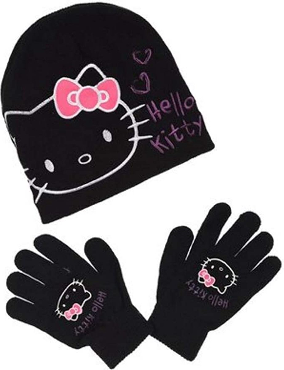 Hello Kitty | Winterset | 2-delig | Muts & Handschoenen | Zwart | 52 cm