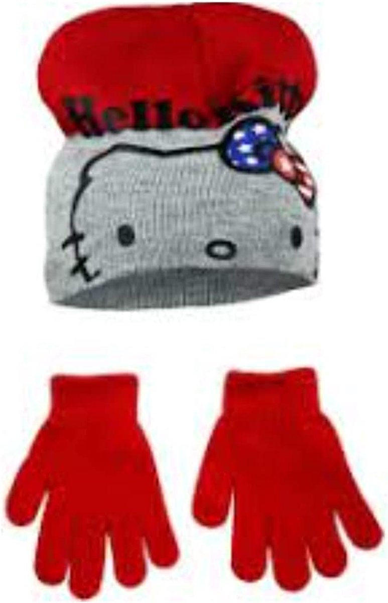 Hello Kitty | Winterset | 2-delig | Muts & Handschoenen | Rood & Grijs | 54 cm