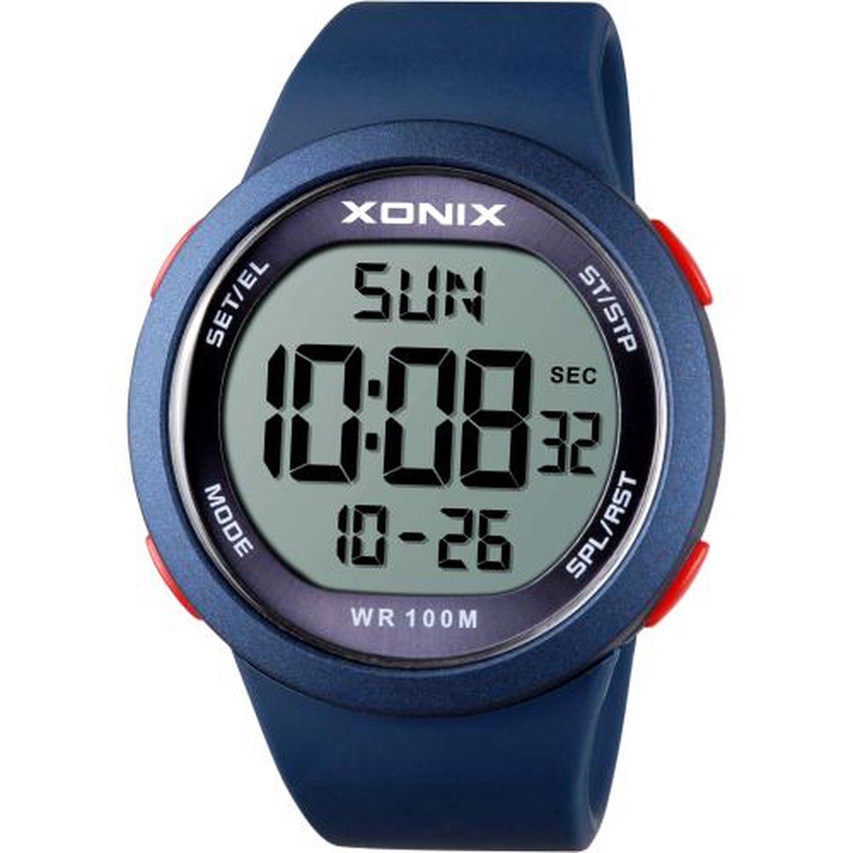Xonix NY-A03 - Horloge - Digitaal - Heren - Mannen - Siliconen band - ABS - Cijfers - Achtergrondverlichting - Alarm - Start-Stop - Chronograaf - Tweede tijdzone - Waterdicht - 10 ATM - Donkerblauw - Rood