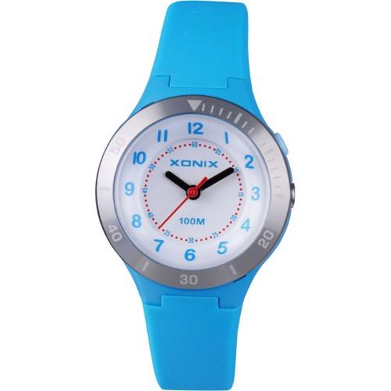 Xonix WU-A03 - Horloge - Analoog - Kinderen - Siliconen band - ABS - Cijfers - Achtergrondverlichting - Waterdicht - 10 ATM - Lichtblauw - Zilverkleurig - Wit