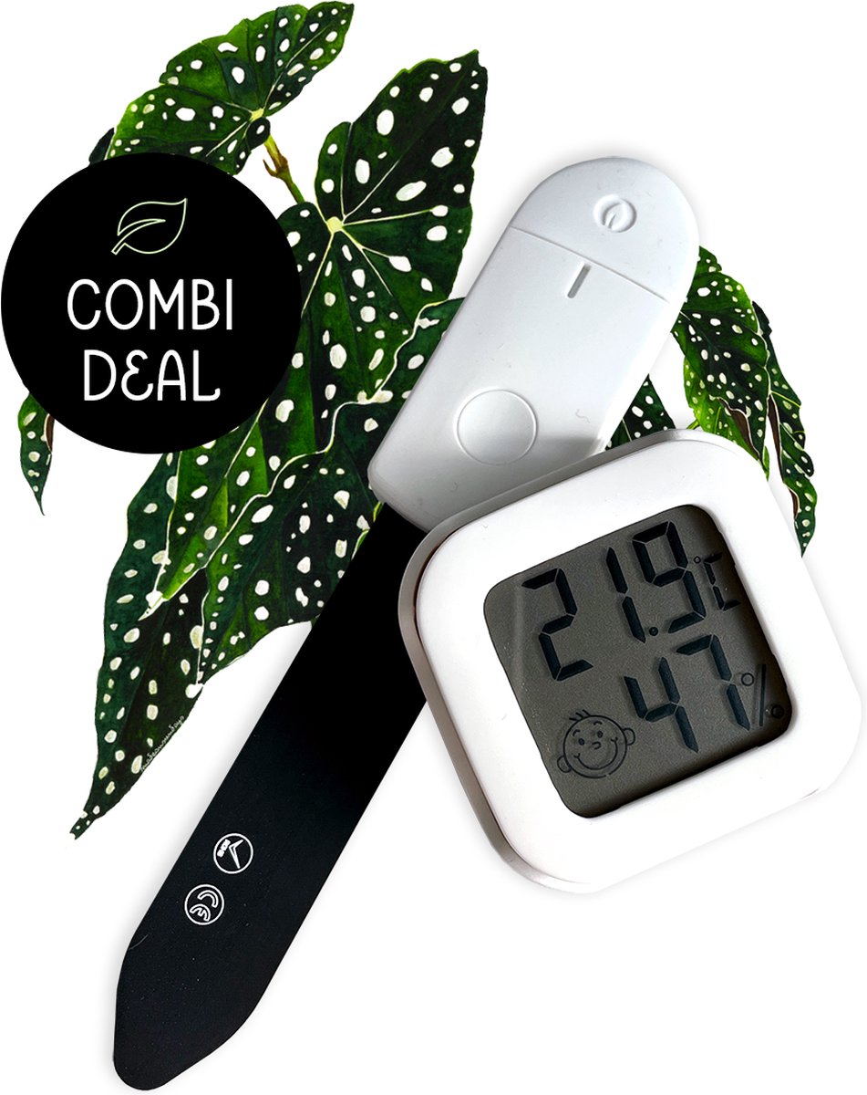 Vochtmeter + temperatuur- en luchtvochtigheidsmeter - Inclusief batterij, houder én sticker - Digitale hygrometer, thermometer, temperatuurmeter en vochtmeter voor planten