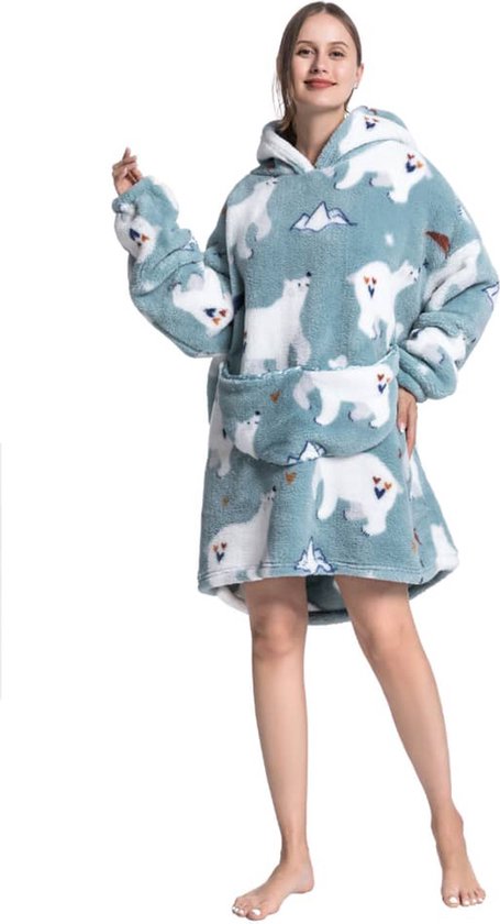 Ijsbeer fleece deken met mouwen en capuchon – fleece hoodie – fleece kleed met capuchon en mouwen – maat XS t/m XL – TV plaid met mouwen - 90 cm - chillen – relax outfit - grijs/blauw - Badrock