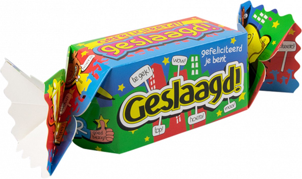Snoeptoffee - Geslaagd - Gevuld met  luxe verpakte toffees - In cadeauverpakking met gekleurd lint