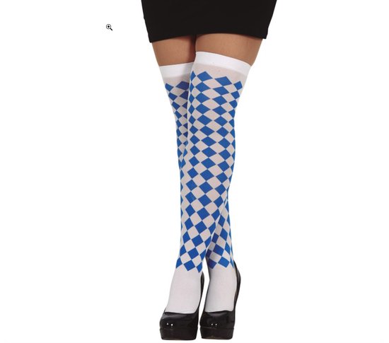 Hoge kousen met een blauw-wit ruitpatroon, tot boven de knie.