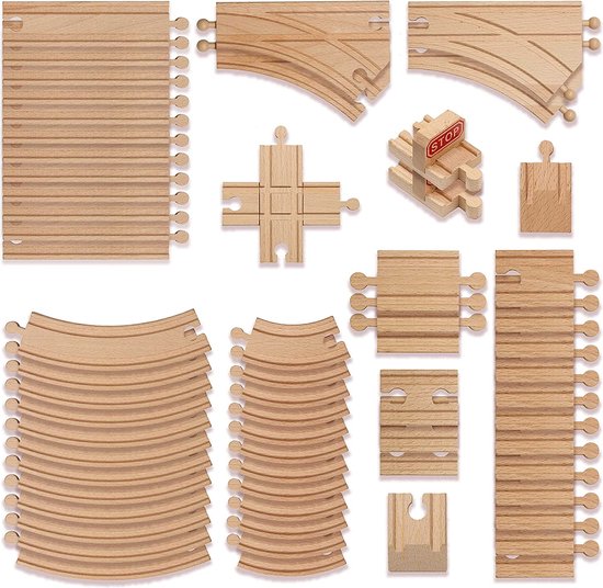 64 Houten Treinbaanonderdelen Uitbreidingsset - Treinspoor Railset voor Kinderen
