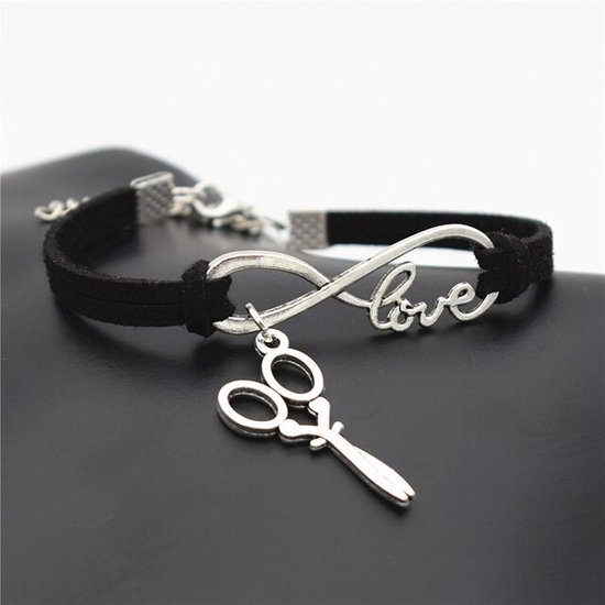 Zoeies kapper armband met schaar en love infinity teken zwart