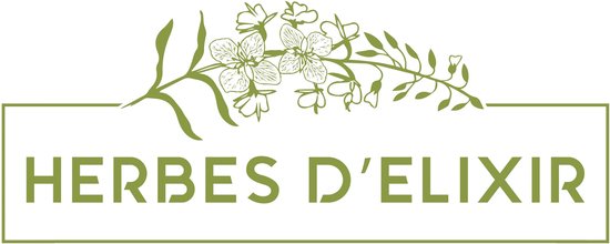 Logo met tekst HERBES D'ELIXIR en groene tak met bloemen.