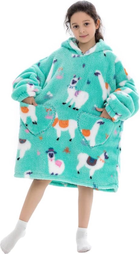 Alpaca fleece hoodie deken met mouwen kind – fleece poncho kind – plaid met mouwen - kids 8/12 jaar – maat 134/158 – lengte 75 cm - chillen – Warm & zacht – relax outfit kids – mint - Badrock