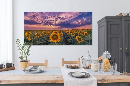 Toile - Peinture fleurs - Tournesol - Soleil - Nuages ​​- Soir - Décoration murale - Photo sur toile - Canvasdoek - 160x80 cm - Salon