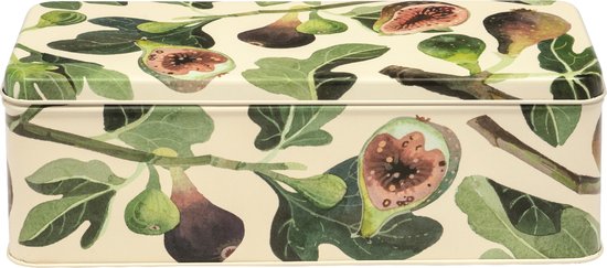 Boîte de conservation crème avec des branches de figuier, des feuilles et des fruits en aquarelle.