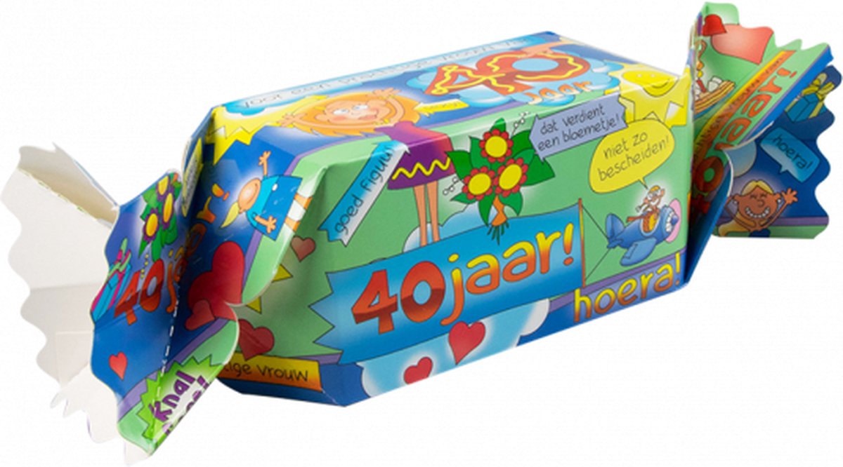 Snoeptoffee - 40 jaar Vrouw - Gevuld met luxe verpakte toffees - In cadeauverpakking met gekleurd lint