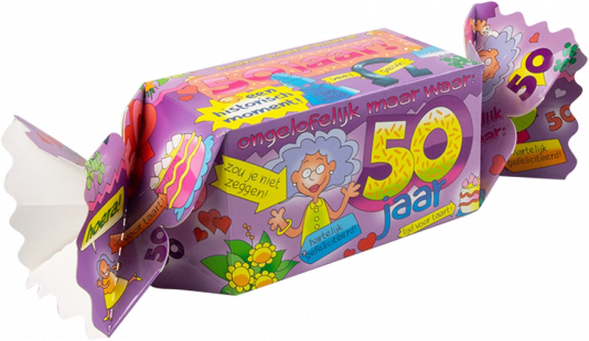Snoeptoffee - 50 jaar - Vrouw - Gevuld met luxe verpakte toffees - In cadeauverpakking met gekleurd lint