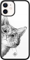 Casimoda® hoesje - Geschikt voor iPhone 12 Mini - Peekaboo - Luxe Hard Case Zwart - Backcover telefoonhoesje - Wit