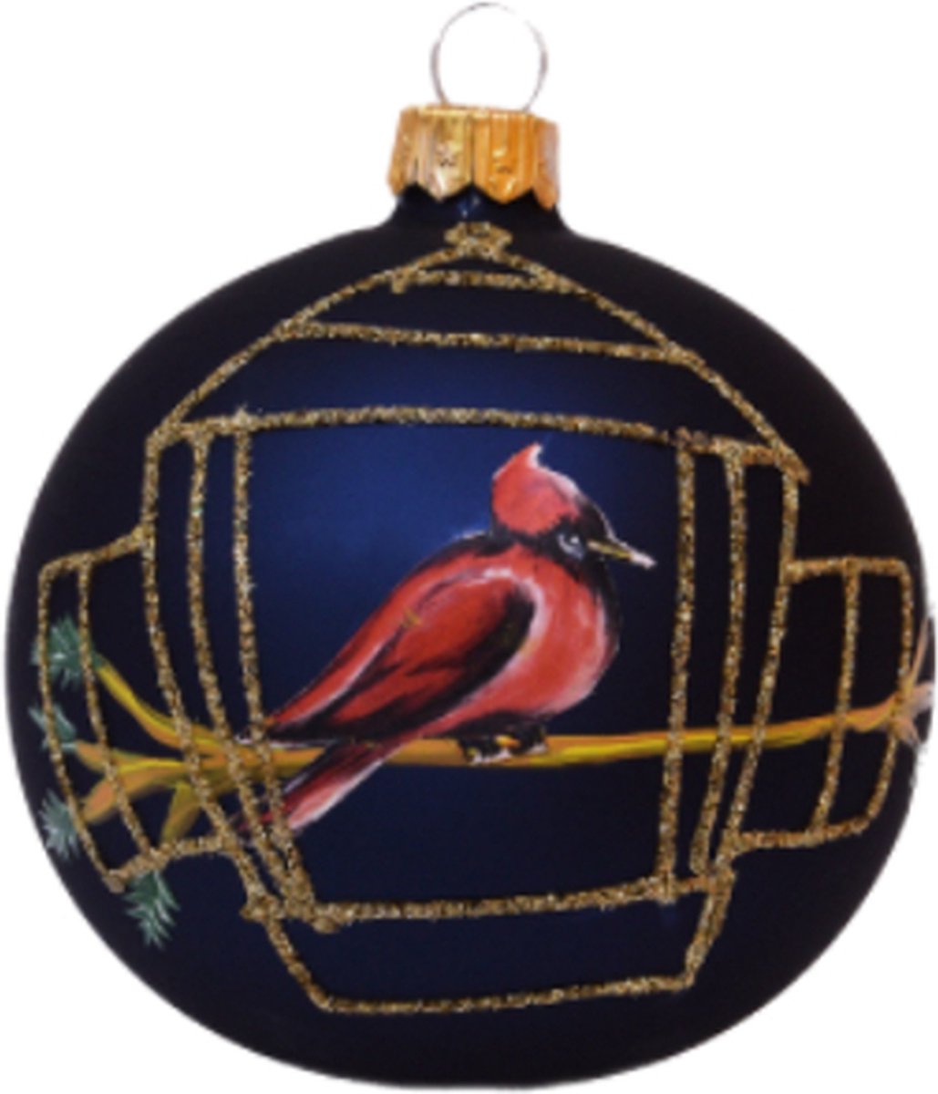 Donkerblauwe Kerstballen met Rode Vogel en Gouden glitter decoratie