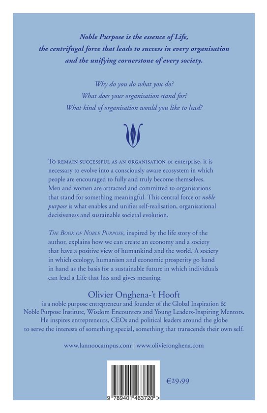 De achterkant van het boek 'The Book of Noble Purpose' met tekst en een prijs van €29,99.