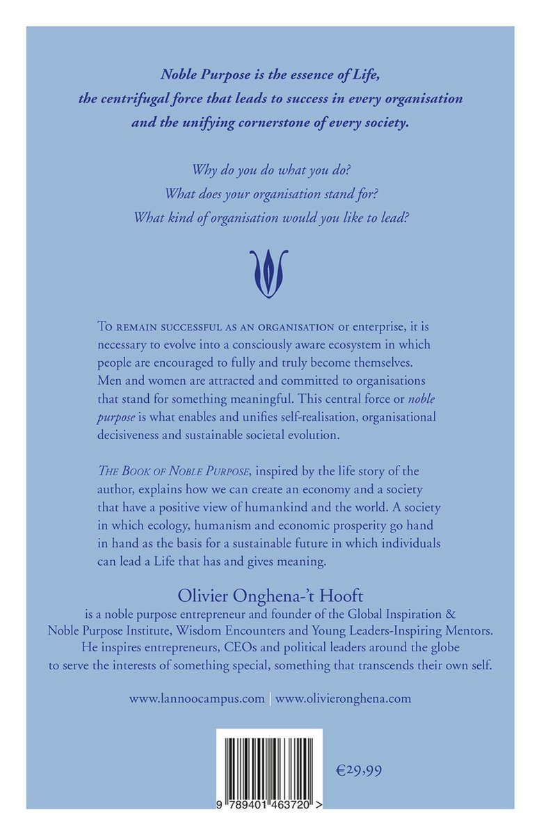 De achterkant van het boek 'The Book of Noble Purpose' met tekst en een prijs van €29,99.