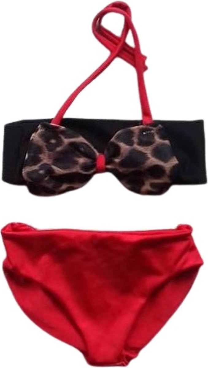Maat 152 Bikini zwemkleding rood zwart dierenprint badkleding voor baby en kind rode zwem kleding met panterprint strik