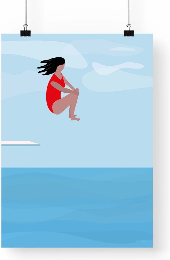 Poster 'Bommetje' - A3 formaat - minimalistische illustratie - zwemmer in rood badpak - blauw water - duikplank en zwembad - watersport - zomerpret