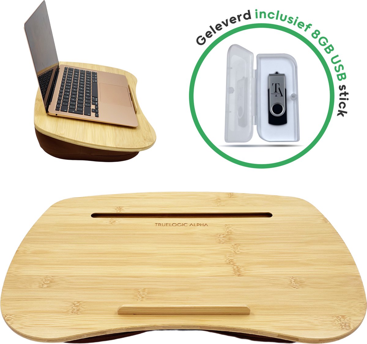 TrueLogic Alpha Bamboe laptopkussen - Inclusief 8GB USB stick - Laptopstandaard - Voor laptops t/m 17 inch - bedtafel - Laptoptafel - Schoottafel - Schootkussen dienblad - Laptray
