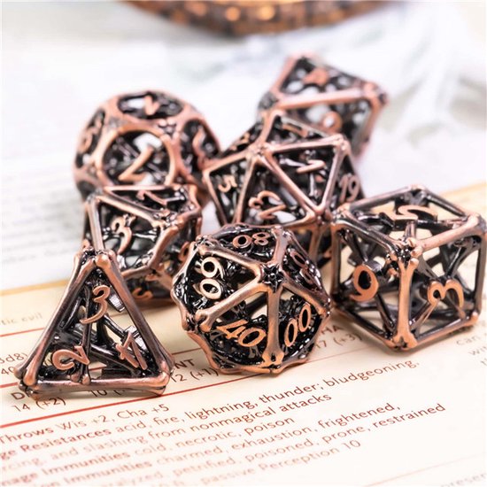 Thumbnail van een extra afbeelding van het spel DND Hollow metal dice set - Hollow bone serie - DnD dobbelstenen set Copper - Dungeons and Dragons dobbelstenen Inclusief Leren bewaarzakje en lux doosje