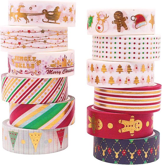 12 Stuks Kerst Washi Tape Rollen Christmas Folie Papieren
