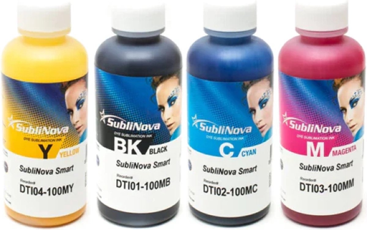 Sublimatie inkt, set van 4 x 100 ml, type Sublinova van Inktec (Alleen voor gebruik met hittepers!)