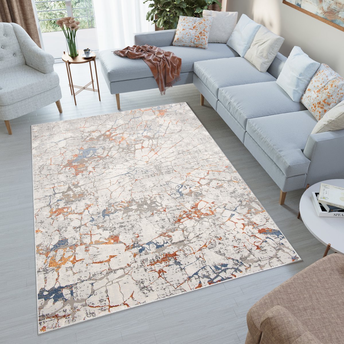 Tapiso Venezia Vloerkleed Modern Abstract Woonkamer Tapijt Maat- 80x150 Beige Grijs Oranje 1