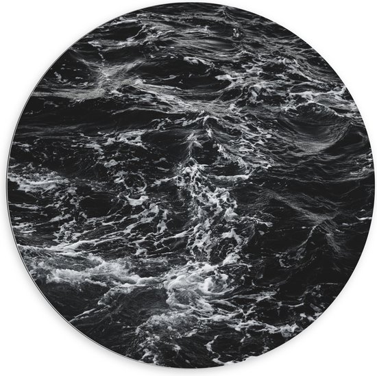 WallClassics - Dibond Muurcirkel - Golvende Zee Zwart/Wit - 100x100 cm Foto op Aluminium Muurcirkel (met ophangsysteem)