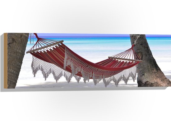 WallClassics - Hout - Hangmat op het Strand - 90x30 cm - 12 mm dik - Foto op Hout (Met Ophangsysteem)