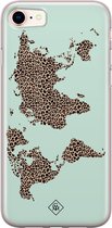 Casimoda® hoesje - Geschikt voor iPhone 8 - Wereldkaart blauw luipaard - Siliconen/TPU telefoonhoesje - Backcover - Natuur - Blauw