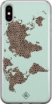 Casimoda® hoesje - Geschikt voor iPhone Xs Max - Wereldkaart blauw luipaard - Siliconen/TPU telefoonhoesje - Backcover - Natuur - Blauw