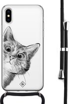 Casimoda® hoesje met koord - Geschikt voor iPhone Xs - Kiekeboe Kat - Afneembaar koord - Siliconen/TPU - Wit