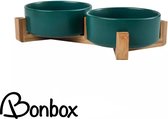 Bonbox Shop - Dubbele voerbak - Keramisch - Katten voerbak - Bamboohouder - Donkergroen - - 2x 400ml