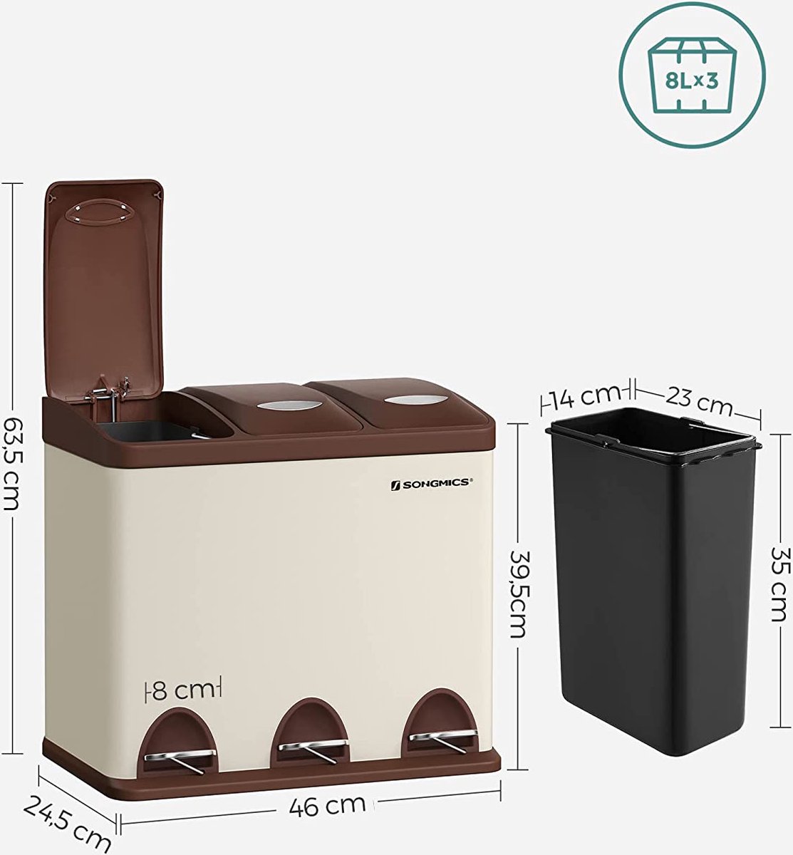 HOMCOM Keukenafvalemmer, 2 x 30 l, pedaalemmer van roestvrij staal met 2 vakken, deksel met zachte sluiting, uitneembare binnenemmers, voor recycling en afval, wit