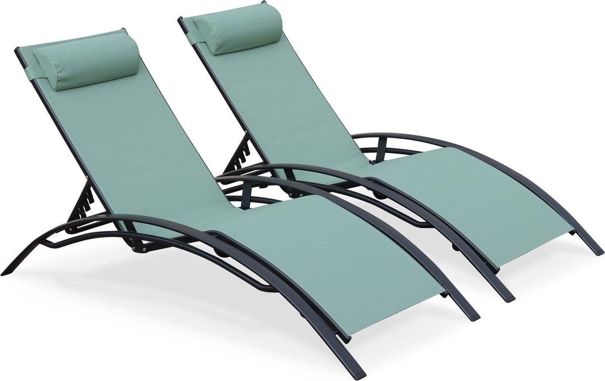 Set van 2 Louisa ligstoelen van aluminium en textileen, kleur antraciet/groengrijs
