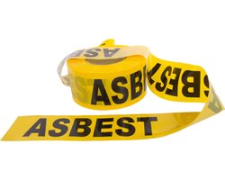 Kortpack - Afzetlint 75mm breed x 250mtr lang, 60my dik - Opdruk: ASBEST - Geel Lint + Zwarte Opdruk - 1 Rol - Waarschuwingslint - (027.0056)