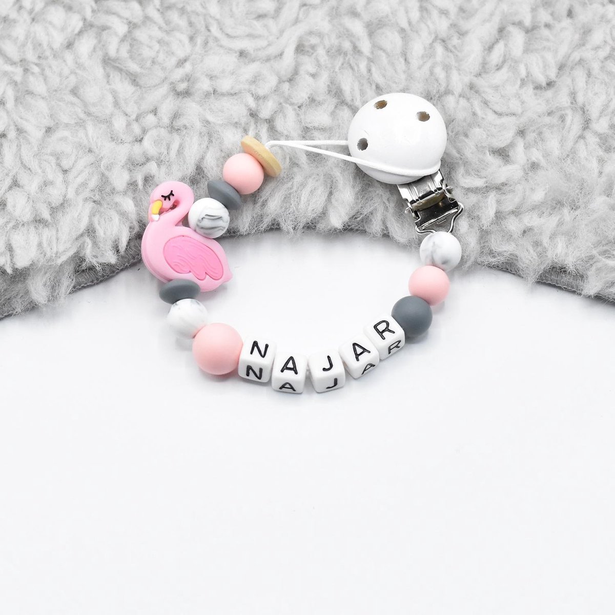 Goedkoopste TippieToe - Speenkoord met Naam Flamingo Grijs - voor meisje - roze, grijs, marble en wit