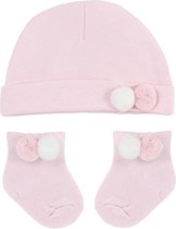Soft Touch - Baby Geschenkset - Muts & Sokjes met Pompoms - Roze - Mt 56/62