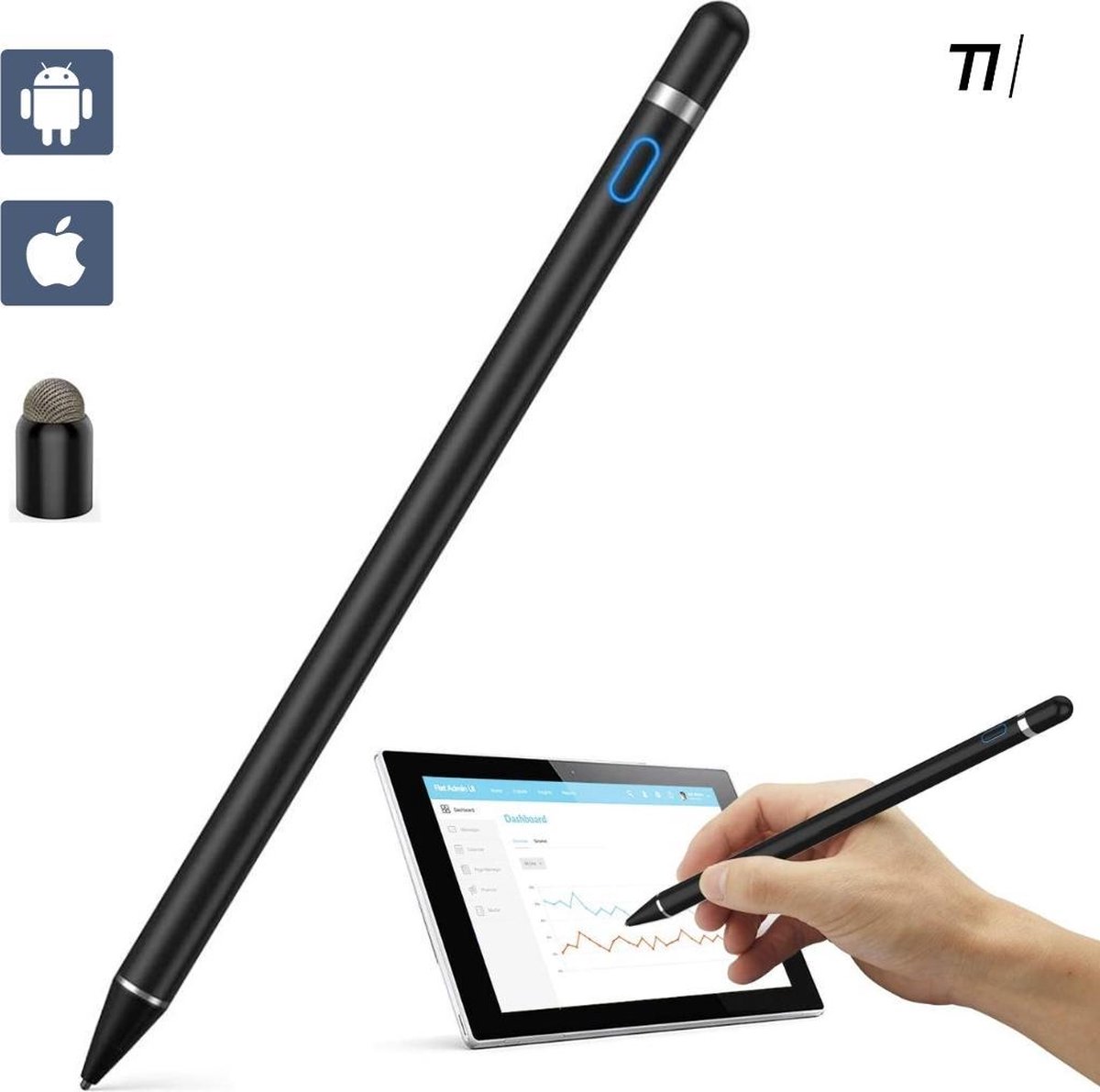 Tikkens 2 In 1 Active Stylus Pen - Pencil Geschikt Voor Tablet, Ipad, Android en Apple Telefoons - Zwart