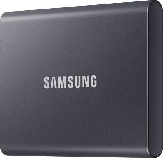 Grijze Samsung Portable SSD T7 met logo, close-up.