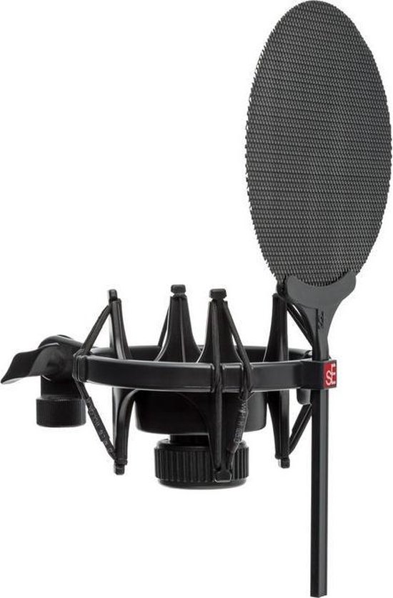 Zwarte microfoonhouder met popfilter, schuin aanzicht.