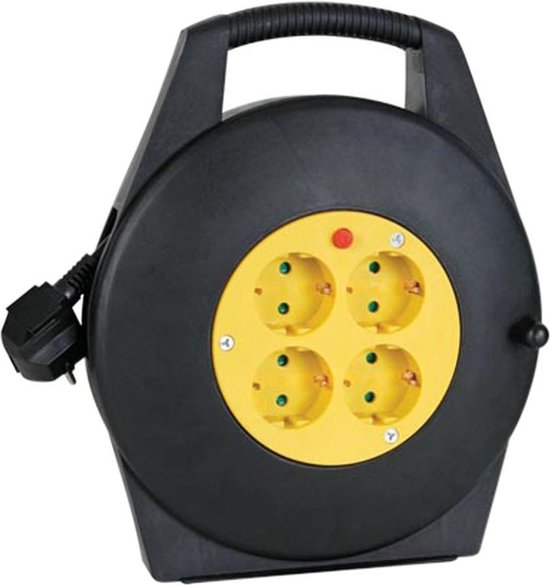 Perel Kabelhaspel, kabeltrommel, verlengkabel, stroomhaspel, kabelbox, 4 Schuko stopcontacten type F, randaarde, geaard, thermische beveiliging, voor binnen, 50 m, 3G1.5, grijs : Velleman Group nv