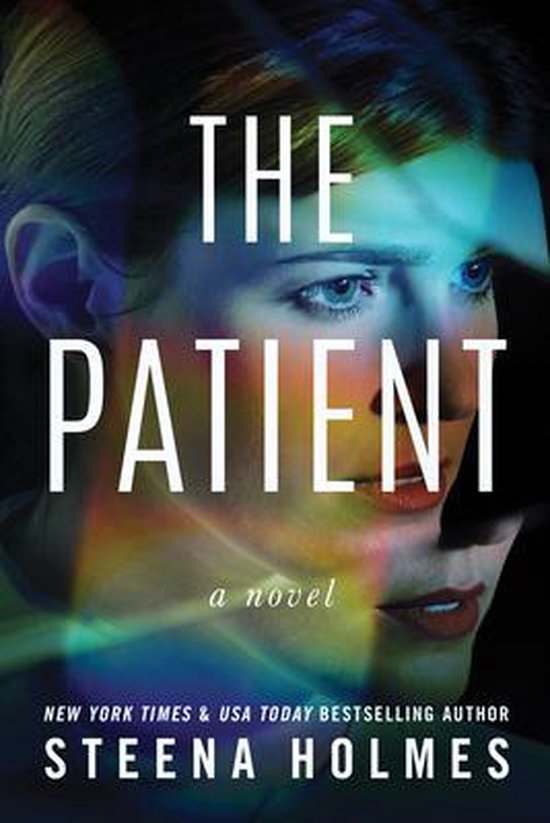 Boekcover van 'The Patient' met een close-up van een vrouwengezicht met gekleurde lichteffecten.
