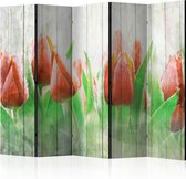 3D Tapijt Vouwscherm - Kamerscherm - Scheidingswand - Red tulips on wood II [Room Dividers] 225x172 - 3D Tapijt