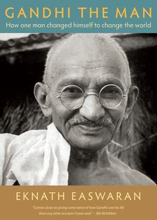 Livre "Gandhi the Man" avec un portrait de Gandhi et le texte "How one man changed himself to change the world."