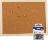 Prikbord/memobord naturel kurk inclusief 40 gekleurde punaises 40 x 30 cm