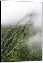 Dibond –Berg met Mist– 60x90cm Foto op Aluminium (Wanddecoratie van metaal)