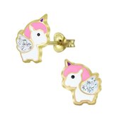 Joy|S - Zilveren baby eenhoorn oorbellen 8 x 10 mm unicorn  roze kristal wit 14k goudplating