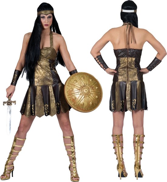 Funny Fashion - Strijder (Oudheid) Kostuum - Romeinse Strijders Gladiatrix - Vrouw - Goud - Maat 36-38 - Carnavalskleding - Verkleedkleding